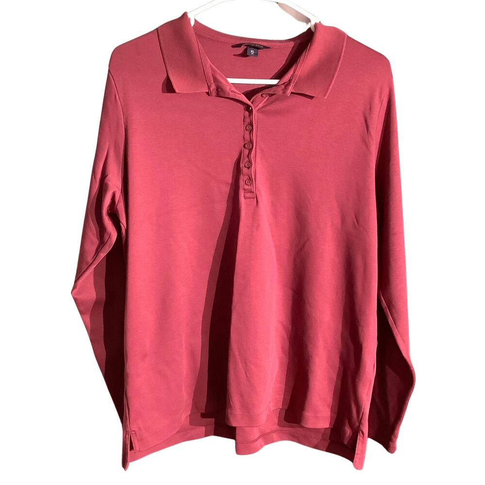 Lands’ End Burgundy Long Sleeve Polo Women’s XL— Casual, Classic, Button Placket